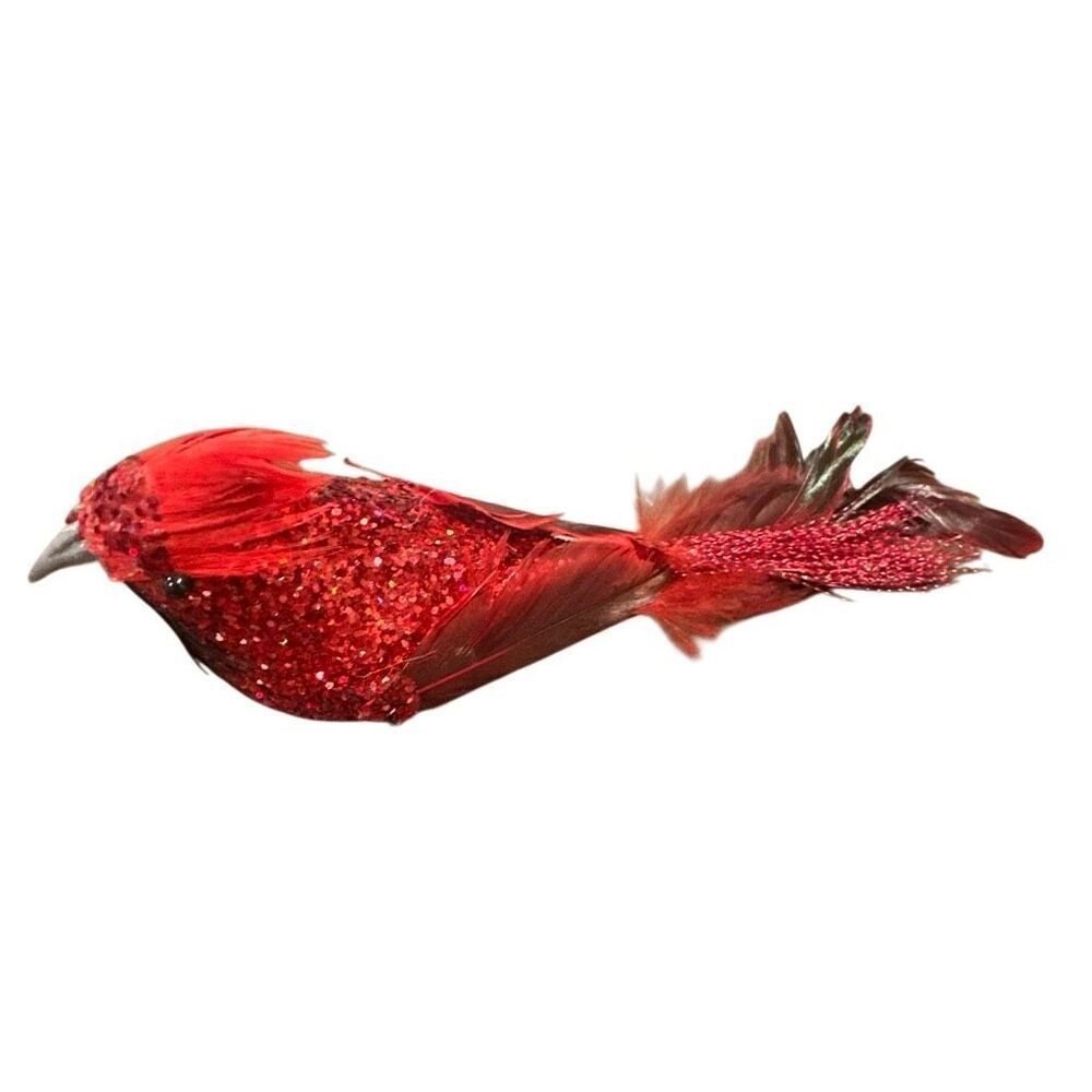 *NEW* 12 Beautiful red glitter clip on cardinal birds with feathers